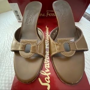 Ferragamo Brown Leather Slide Heels Sandals